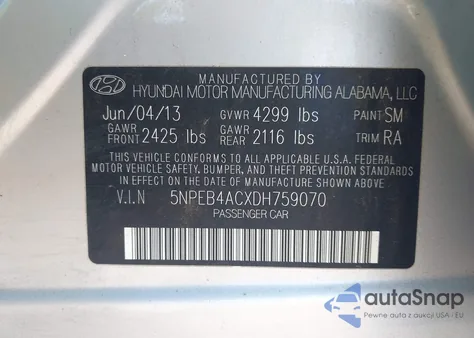 2013 Hyundai Sonata Gls from USA, damaged, VIN 5NPEB4ACXDH759070
